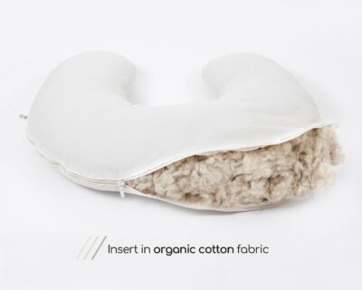 nursing pillow Insert in organic cotton fabric with unzipped cover and visible wool filling