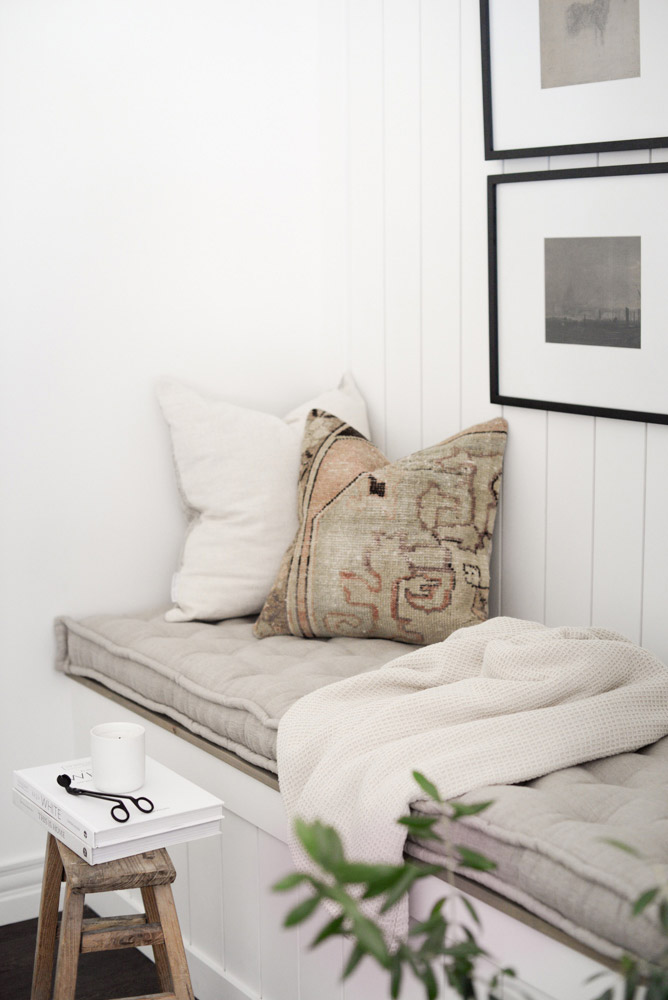 Home of Wool and Grey Lane Homestead collaboration - custom handmade linen bench cushion side detail