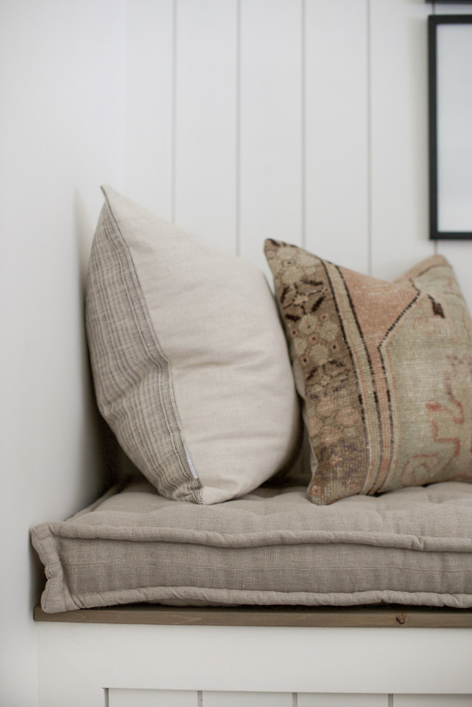Home of Wool and Grey Lane Homestead collaboration - custom handmade linen bench cushion - side detail