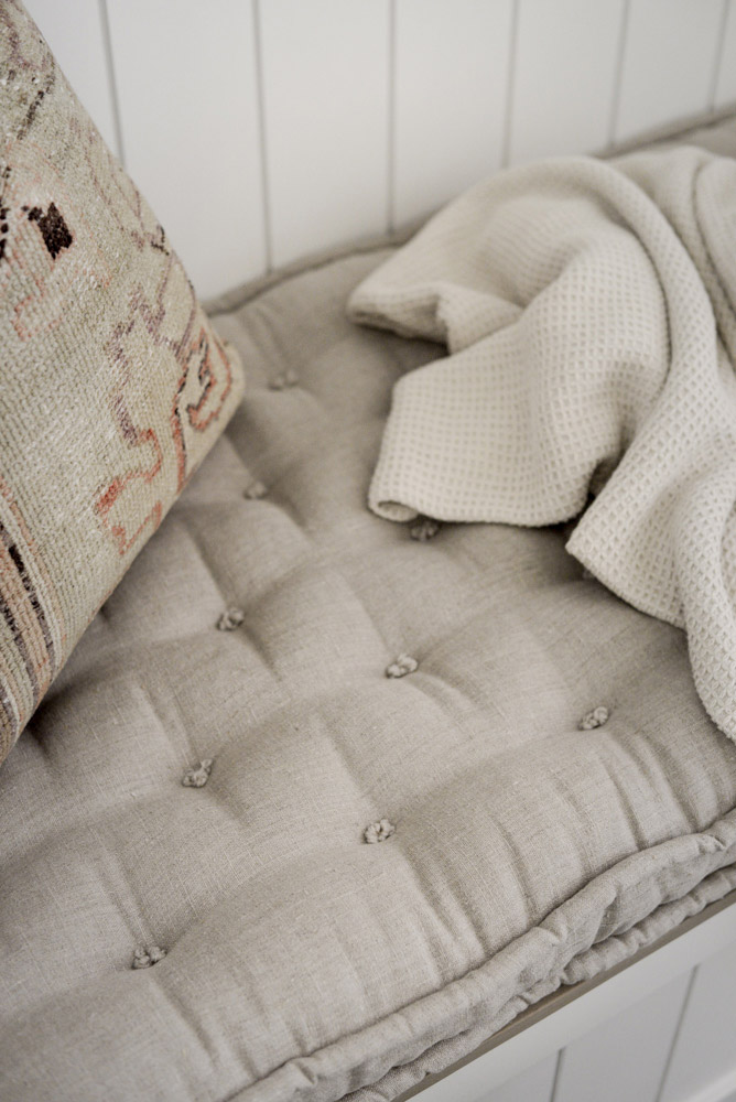 Home of Wool and Grey Lane Homestead collaboration - custom handmade linen bench cushion - tufting detail
