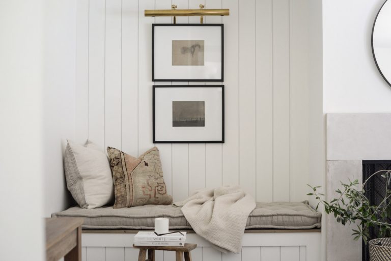 Home of Wool and Grey Lane Homestead collaboration - custom handmade linen bench cushion